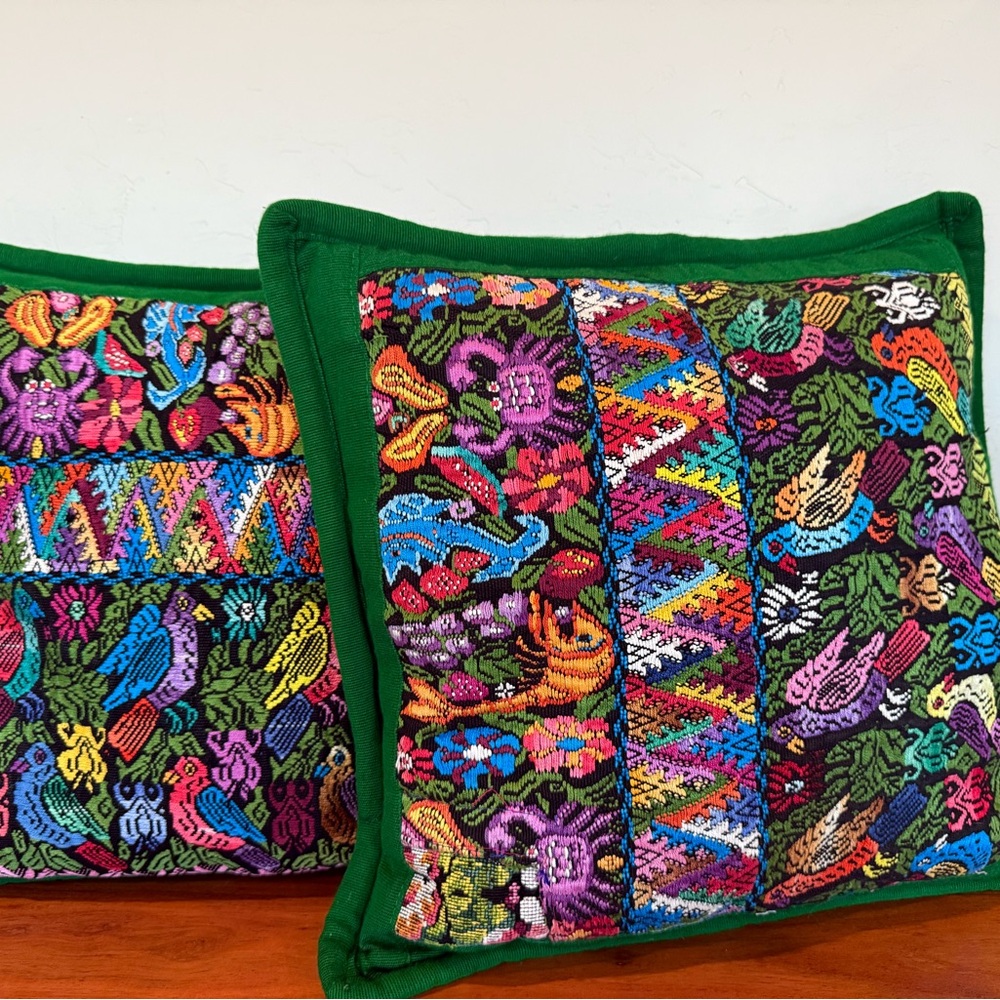 Guatemala handmade Embroidered Throw Pillows pair 18x18” zip birds crab floral